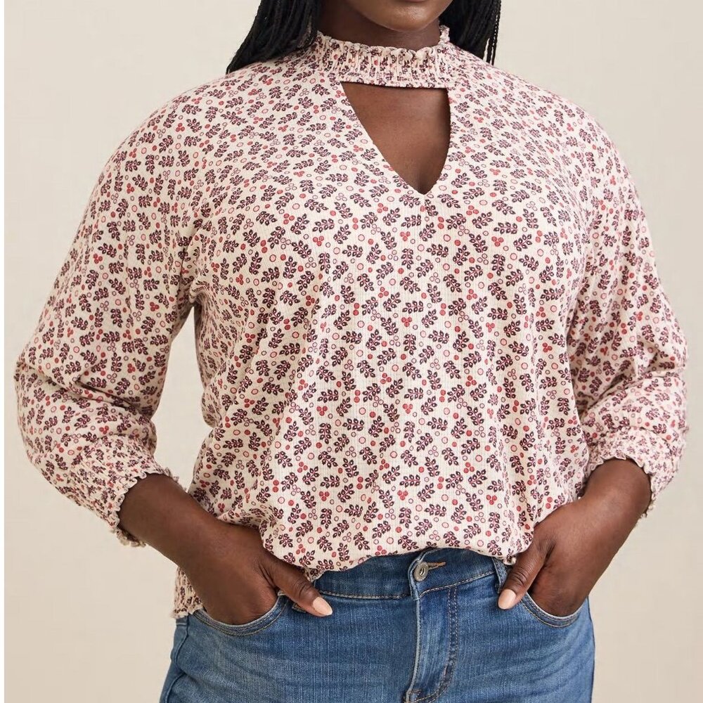 Torrid PLUS 4X Textured Jersey Choker Neck Smocked Bottom Top Whimsical Feminine